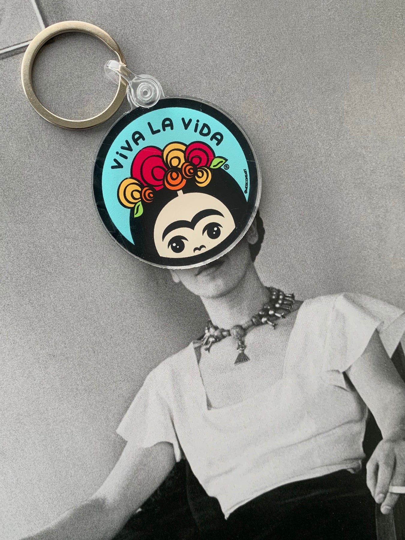 MexiconsArt Keychain. Inspired and Parody of Frida Kahlo. Original art copyright by Haydee Yanez for MexiconArt