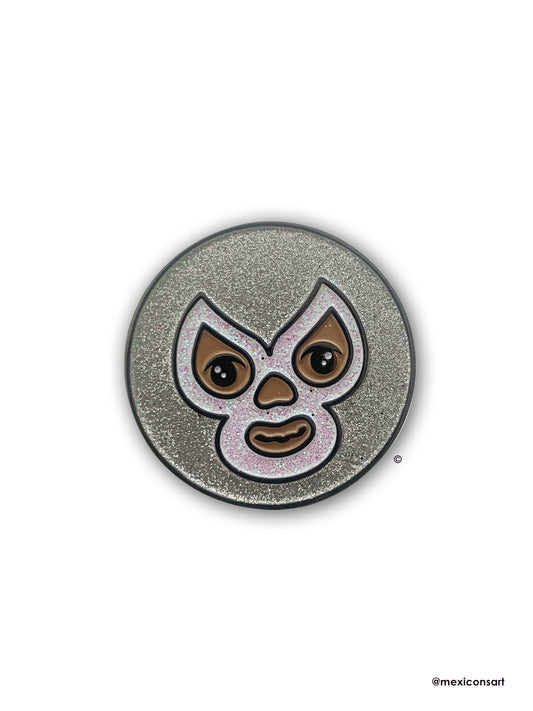 MexiconsArt Enamel Glitter Pin. Inspired and Parody of BLuchador. Original art copyright by Haydee Yanez for MexiconArt